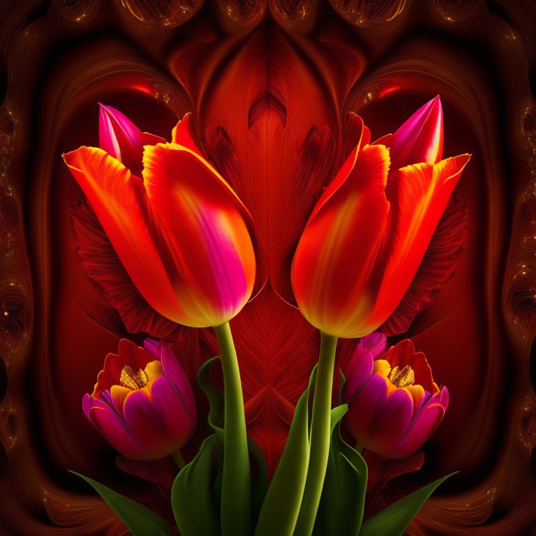 Symmetrical arrangement of vibrant red and orange tulips on dark, ornate background