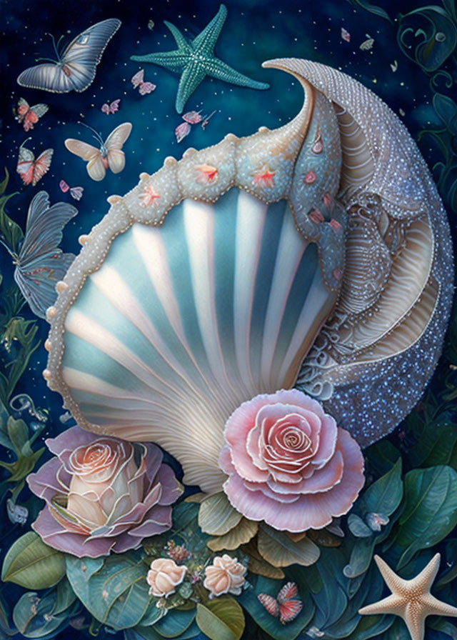 Pearl seashell surrounded by roses, foliage, butterflies, and starfish in a magical underwater