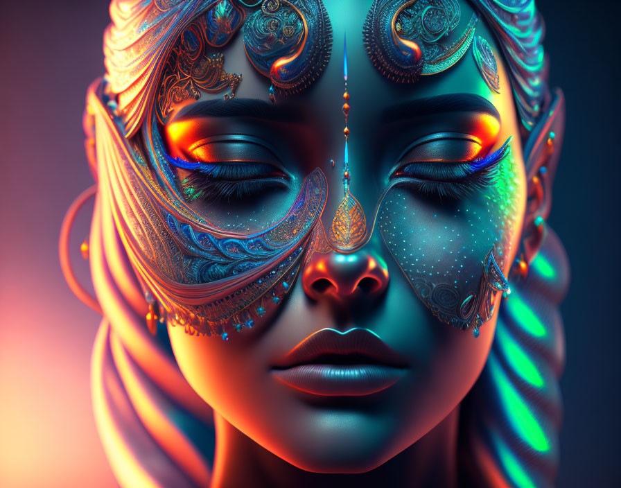 Vibrant 3D artwork of woman with metallic facial decorations