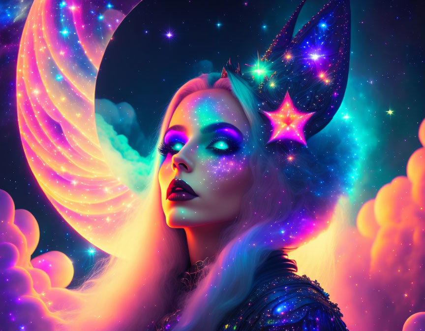 Vibrant neon hues frame a woman with celestial makeup