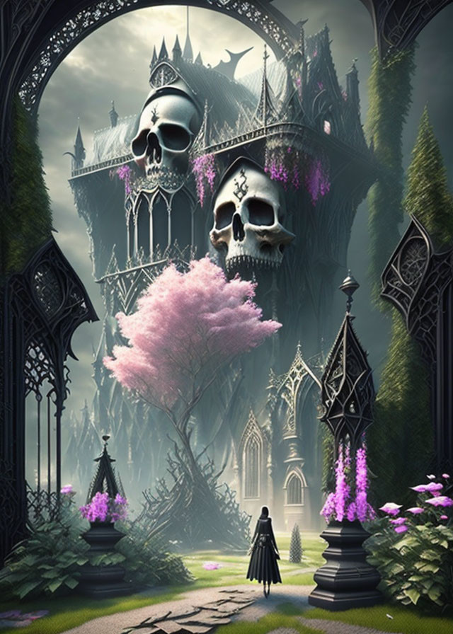 Gothic gate with skull decorations and blooming pink tree at dark castle