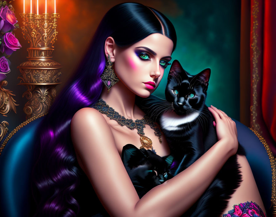 Woman with Striking Blue Eyes Holding Black Cat in Luxurious Setting