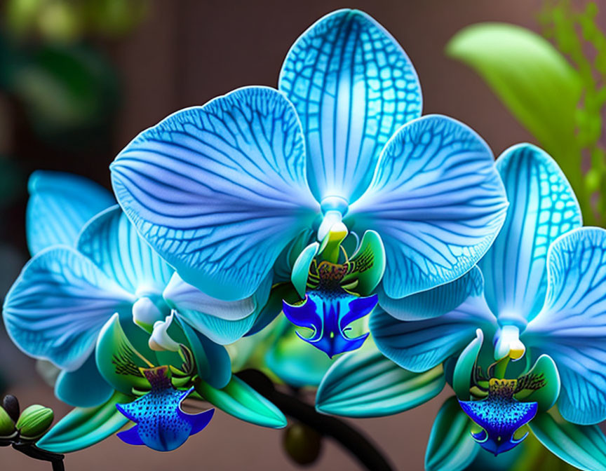 Blue and White Orchids with Distinct Petal Patterns on Soft Green Background