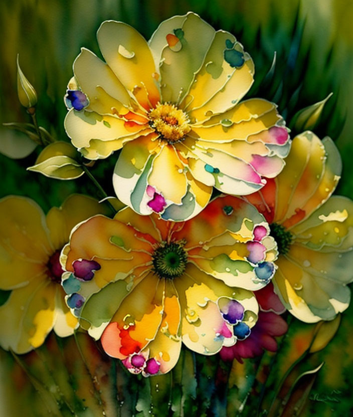 Colorful Flower Painting with Water Droplet Effects