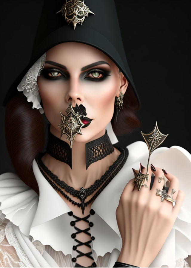 Stylized portrayal of woman with gothic-themed accessories