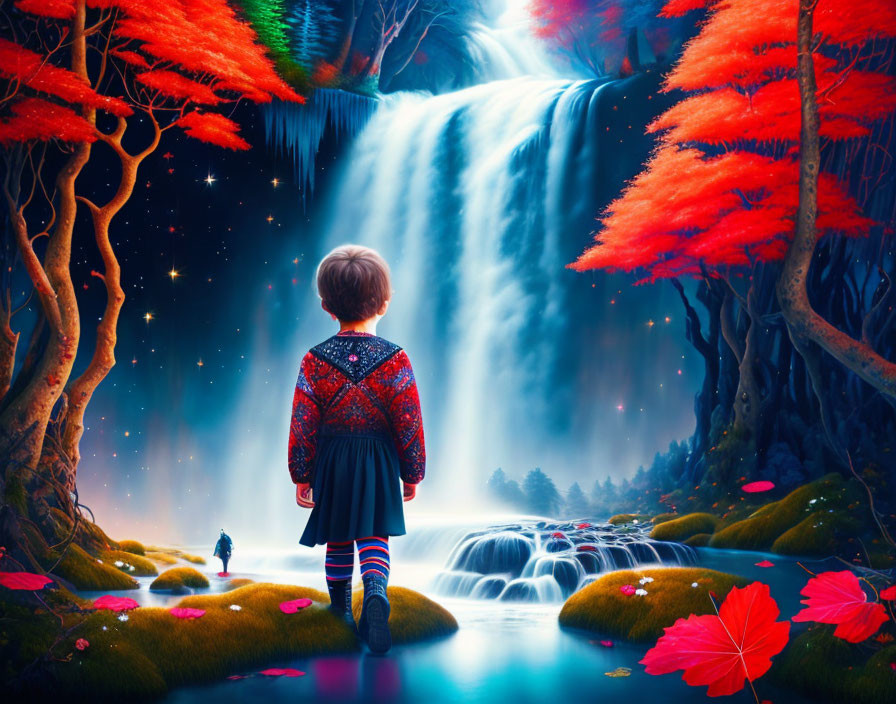 Child in Colorful Sweater Observes Magical Waterfall and Enchanted Landscape