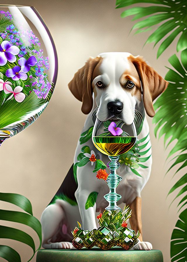 Digital artwork featuring dog with tropical plant pattern and glass piece among green foliage.