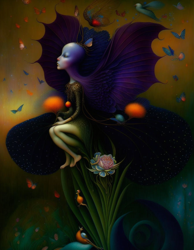 Purple-skinned elfin creature with wings on leaf surrounded by birds and butterflies.