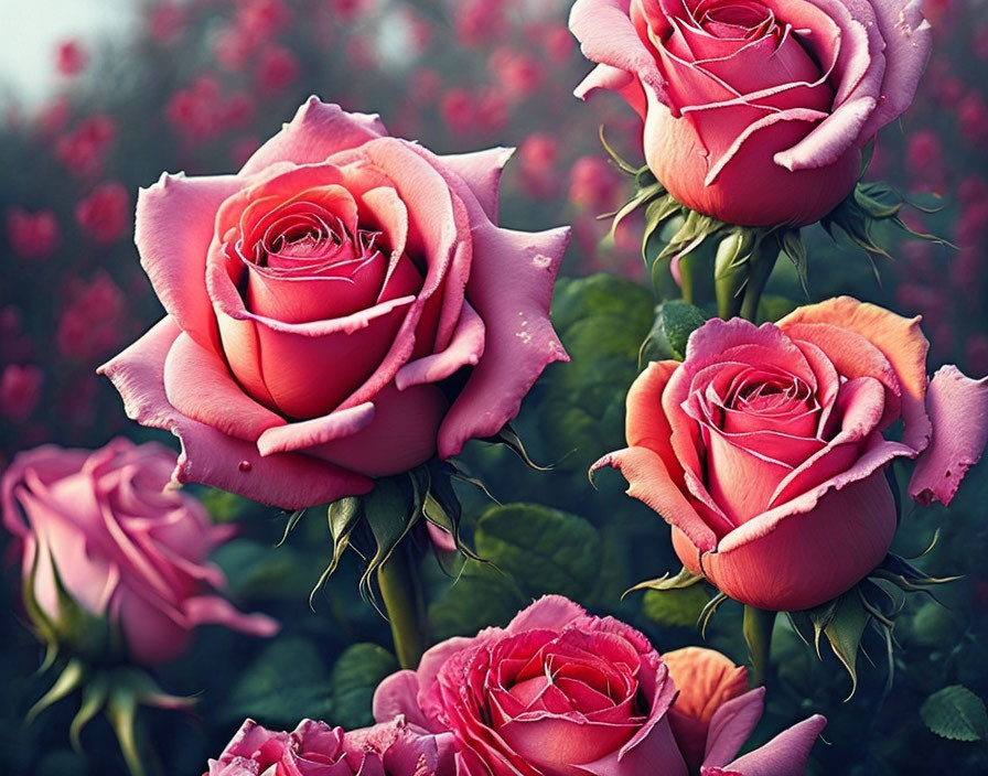 Pink Roses with Dewdrops on Petals in Greenery Background