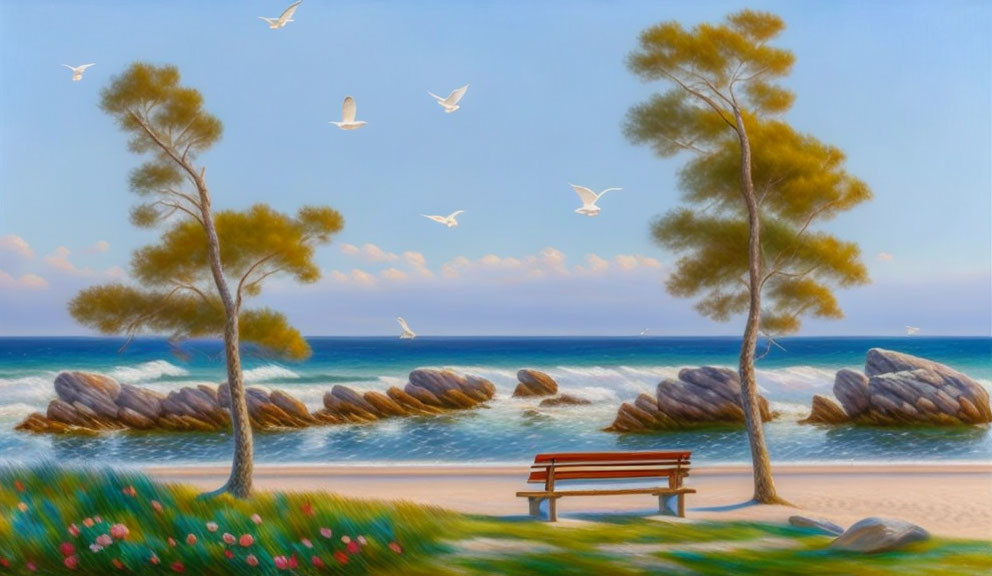 Tranquil beach landscape with bench, trees, rocks, and seagulls