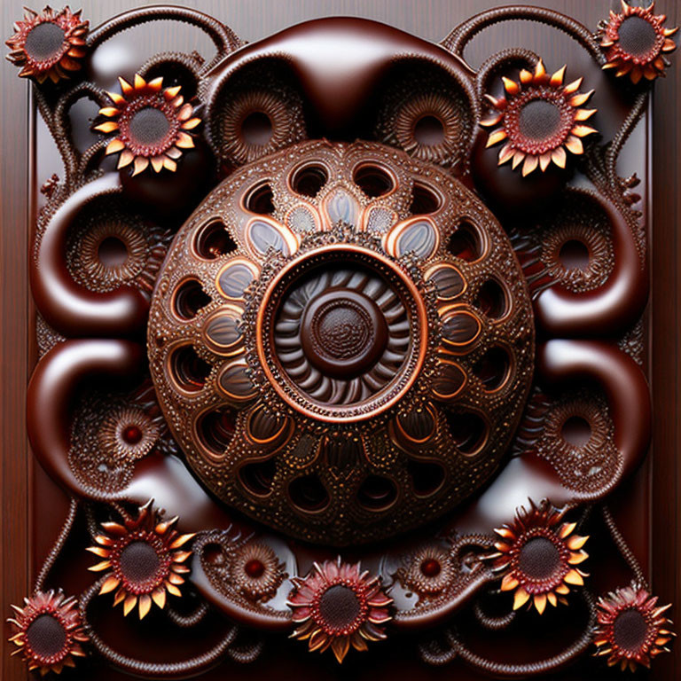 Circular floral chocolate-toned mandala pattern on wooden background