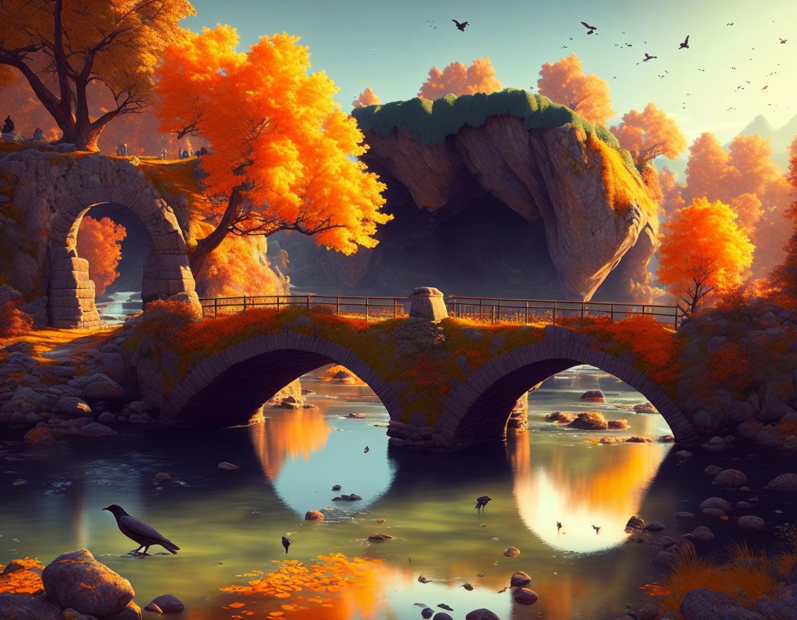 Tranquil autumn landscape with stone bridge, river, foliage, birds, and rock formation