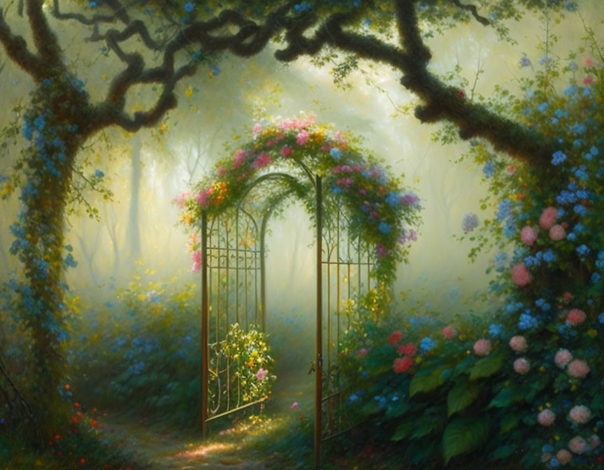 Enchanting forest path with ornate metal gate and vibrant flowers