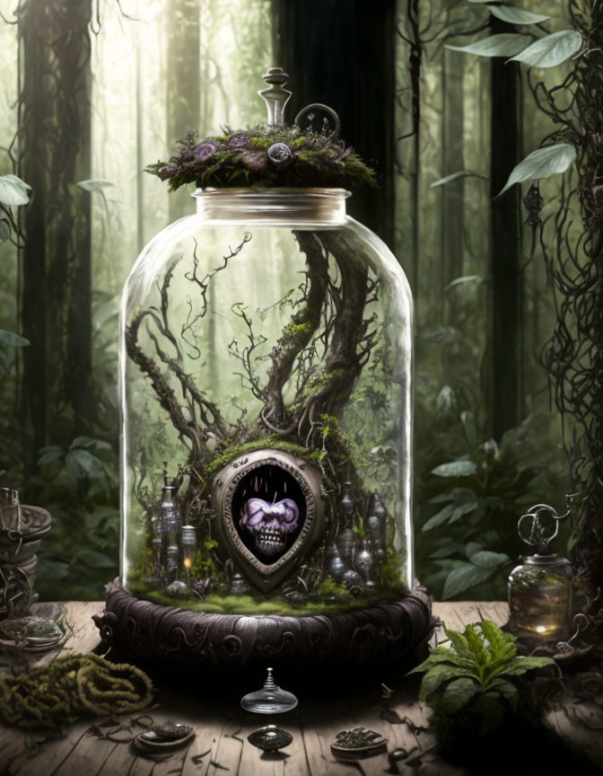 Enchanting forest scene with glass jar, twisted branches, mystical heart, bottles, flora, candles