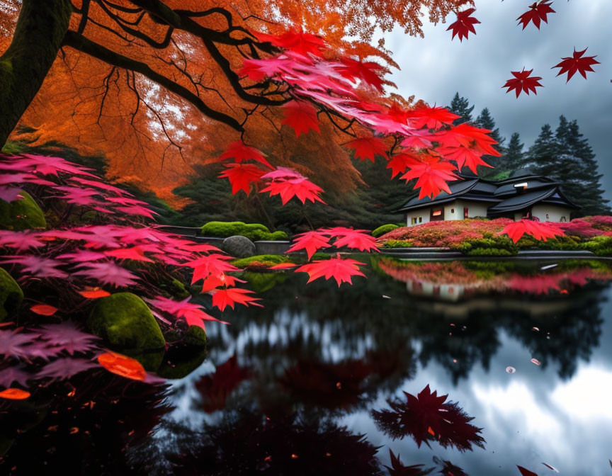 Tranquil autumn pond with red maple leaves and traditional house