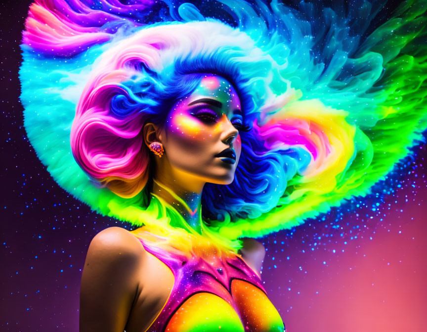 Colorful Woman Portrait with Neon Body Paint and Cosmic Hair on Starry Background