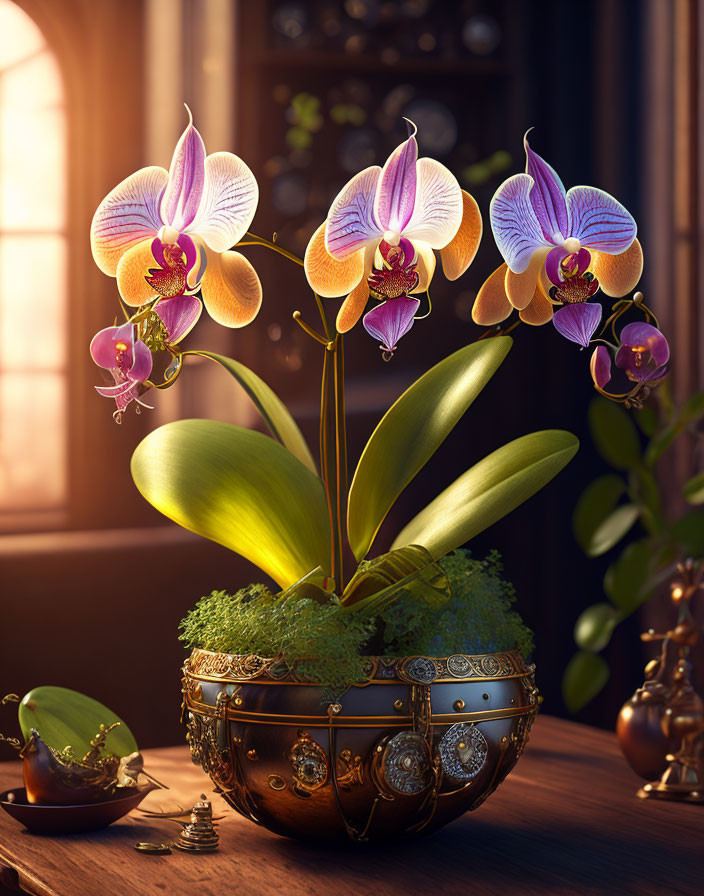 Vibrant orchid with purple and white petals in ornate pot by sunlit window