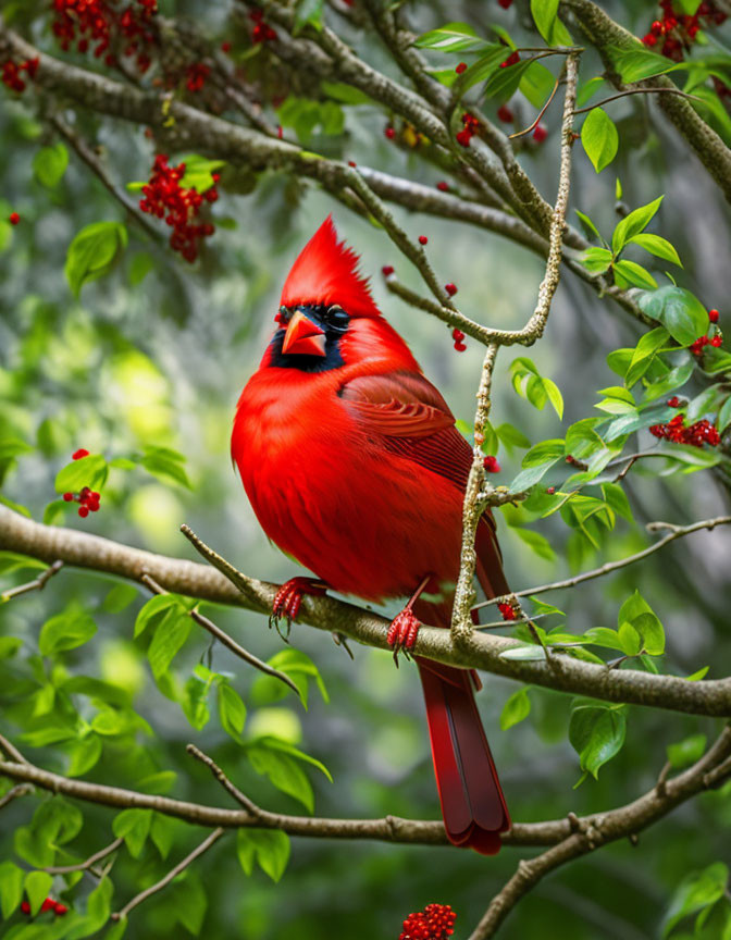 Vibrant red cardinal on branch with green leaves and red berries