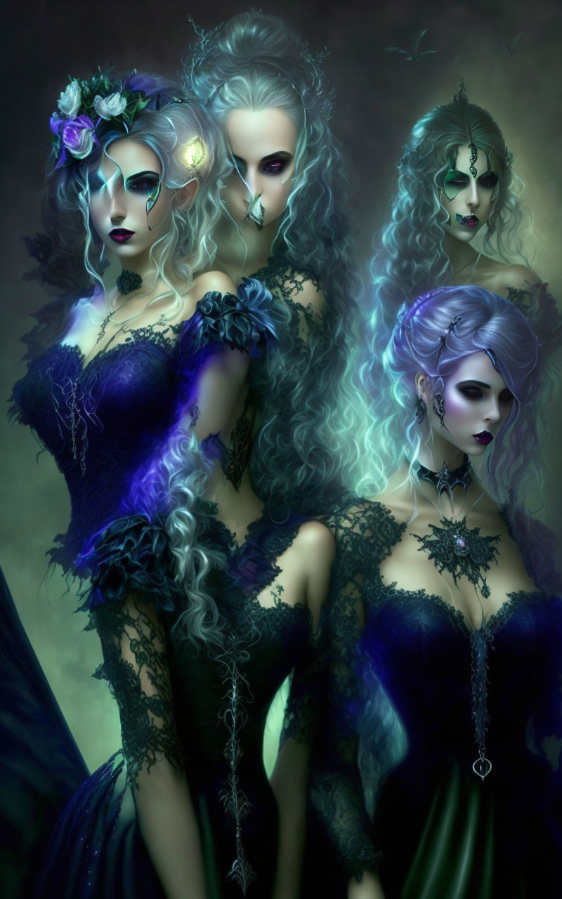 Four ethereal women in intricate gothic attire with pale skin and floral accessories