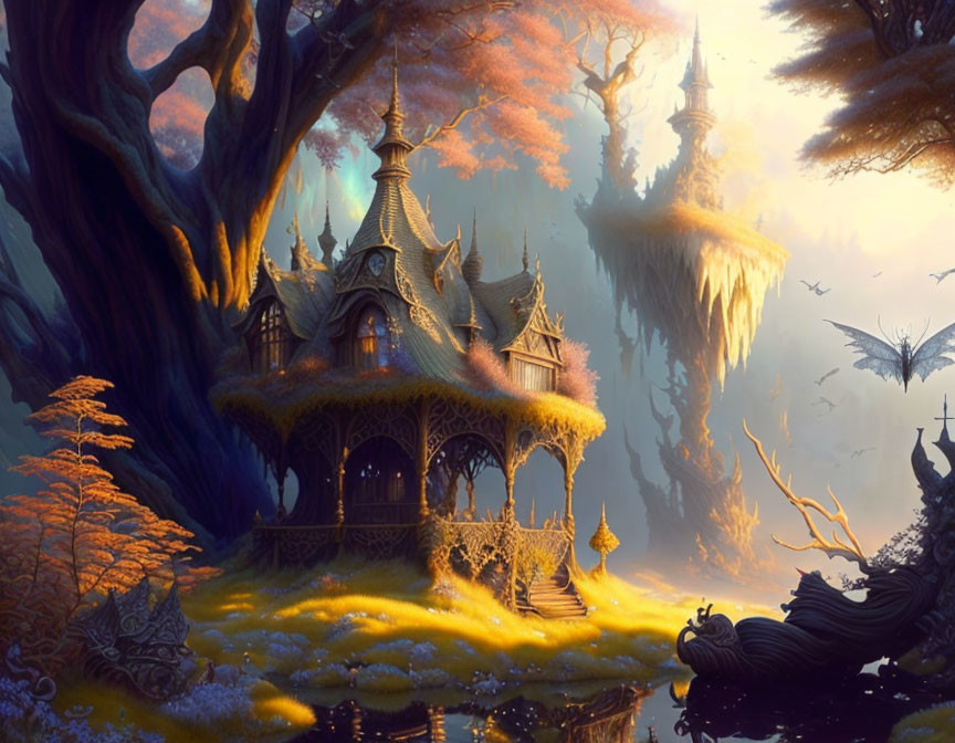 Fantasy landscape featuring ornate treehouse, floating islands, dragons at twilight