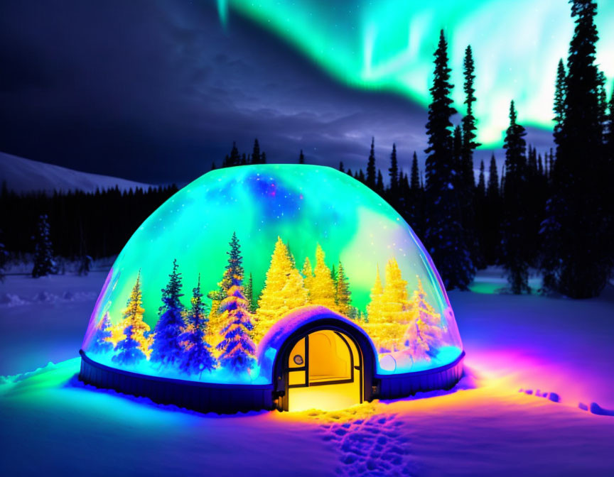 Multicolored lights illuminate snowy landscape under vibrant aurora.