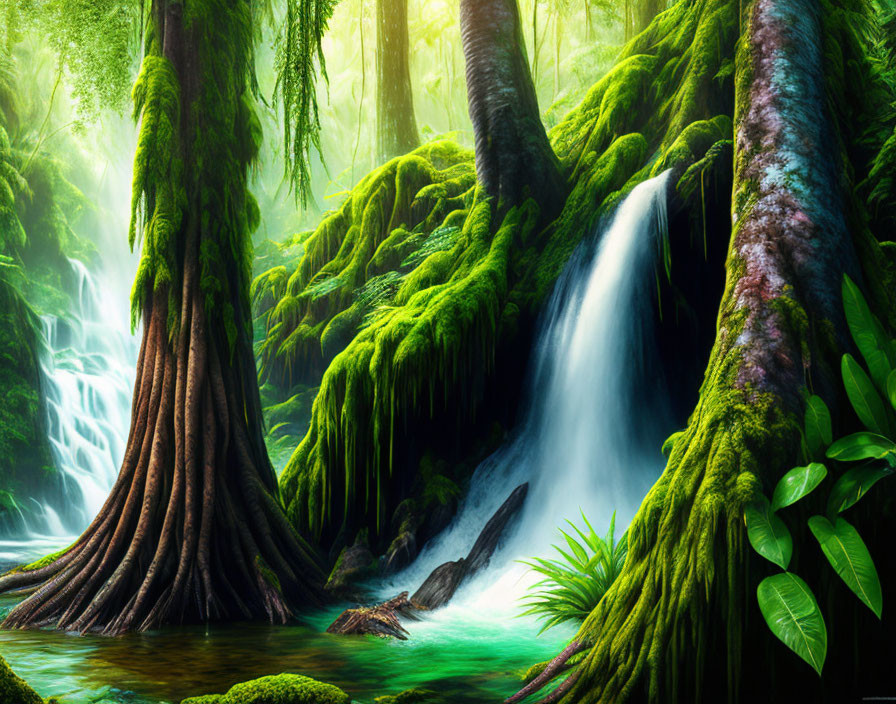 Tranquil forest scene with mossy trees and gentle waterfall