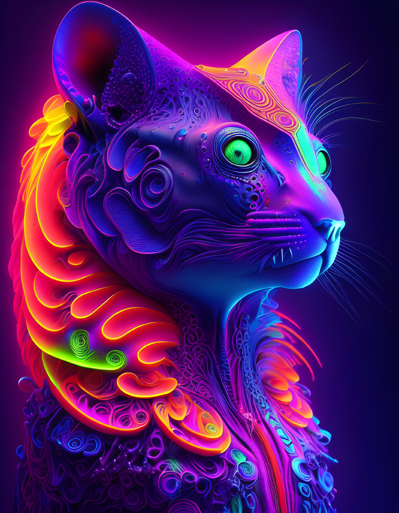 Colorful Stylized Cat Art with Neon Colors and Intricate Patterns