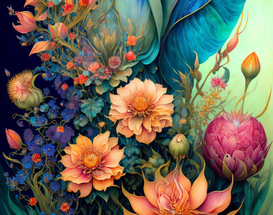 Colorful Stylized Flower Illustration in Orange, Blue, and Pink