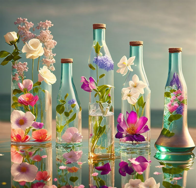 Colorful Flowers in Glass Bottles Reflected on Teal Background