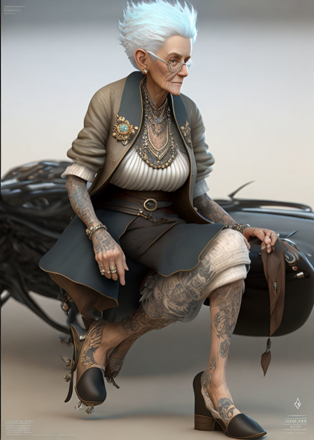 Elderly woman with tattoos on motorcycle in navy skirt and brown vest