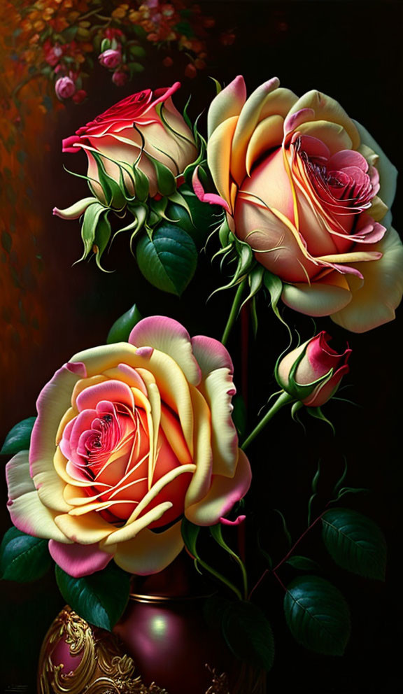 Vibrant multi-colored roses painting on dark background