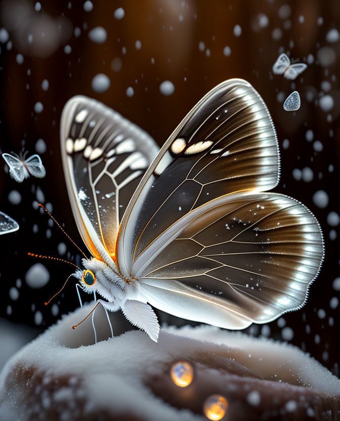 Translucent-winged butterfly with white dots on snowy surface amid falling snowflakes