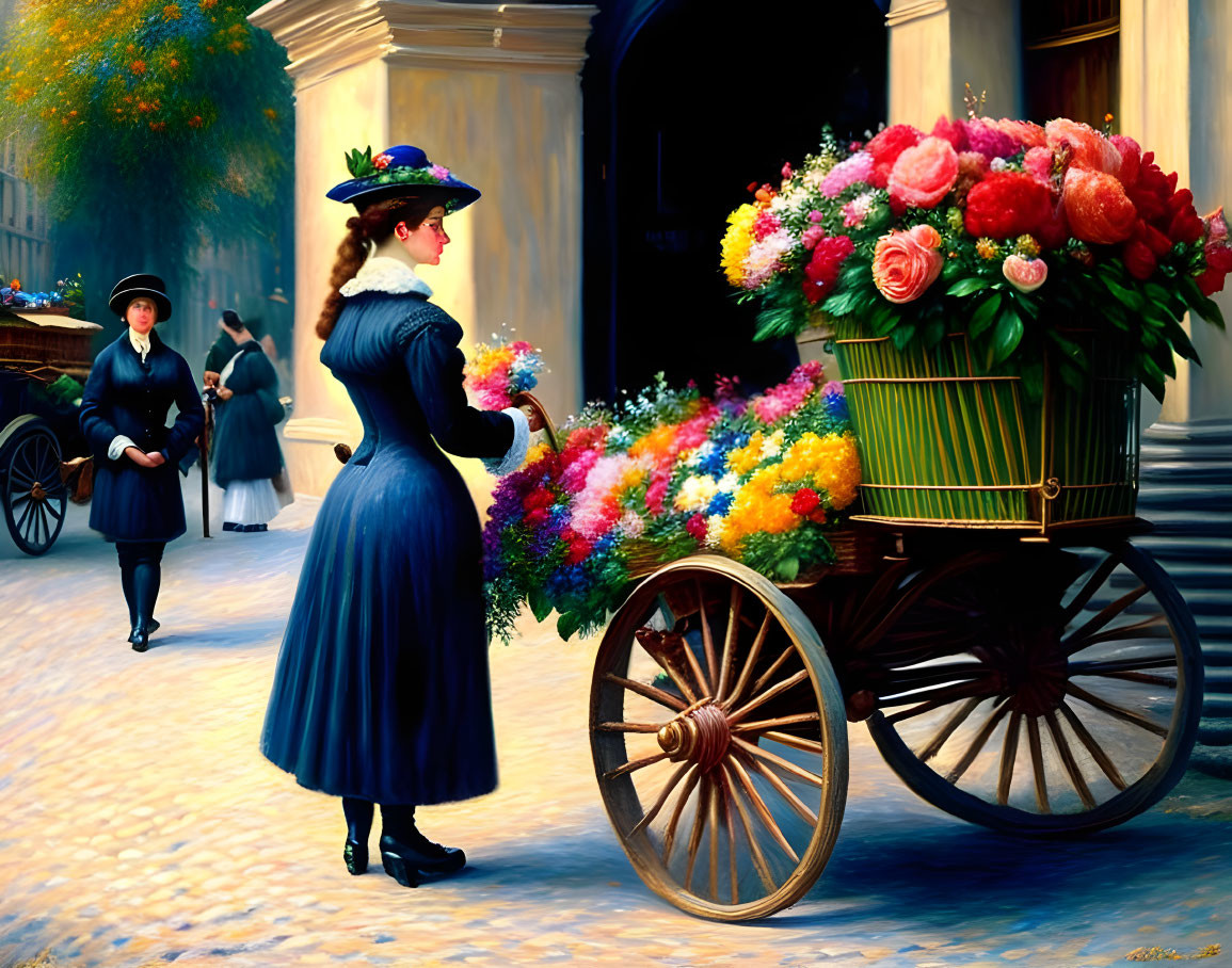 Victorian lady in blue dress with flowers on vibrant cart on quaint street