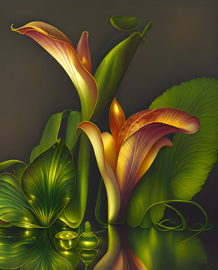 Stylized calla lilies and leaves in vibrant digital painting