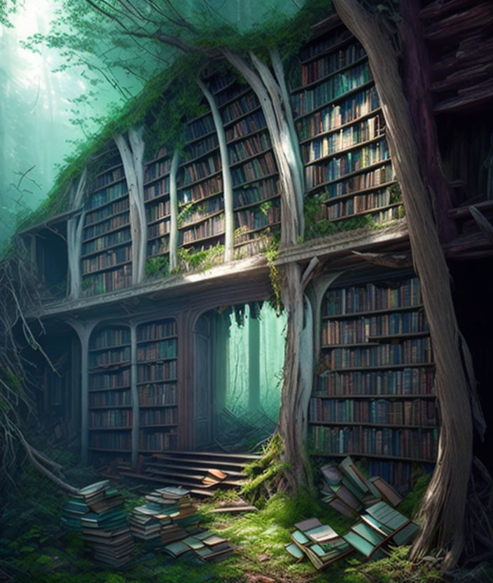 Enchanted forest library with towering bookshelves intertwined with tree trunks and branches