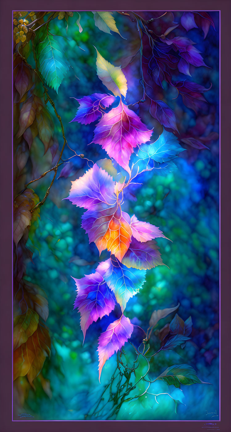 Colorful Digital Artwork: Purple, Blue Leaves with Orange Accent