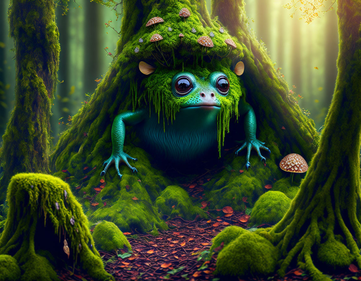 Anthropomorphic green frog in mystical forest setting