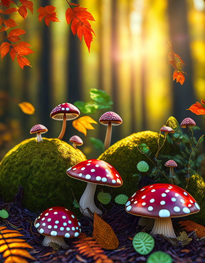 Enchanting forest scene with red-capped mushrooms and autumn leaves