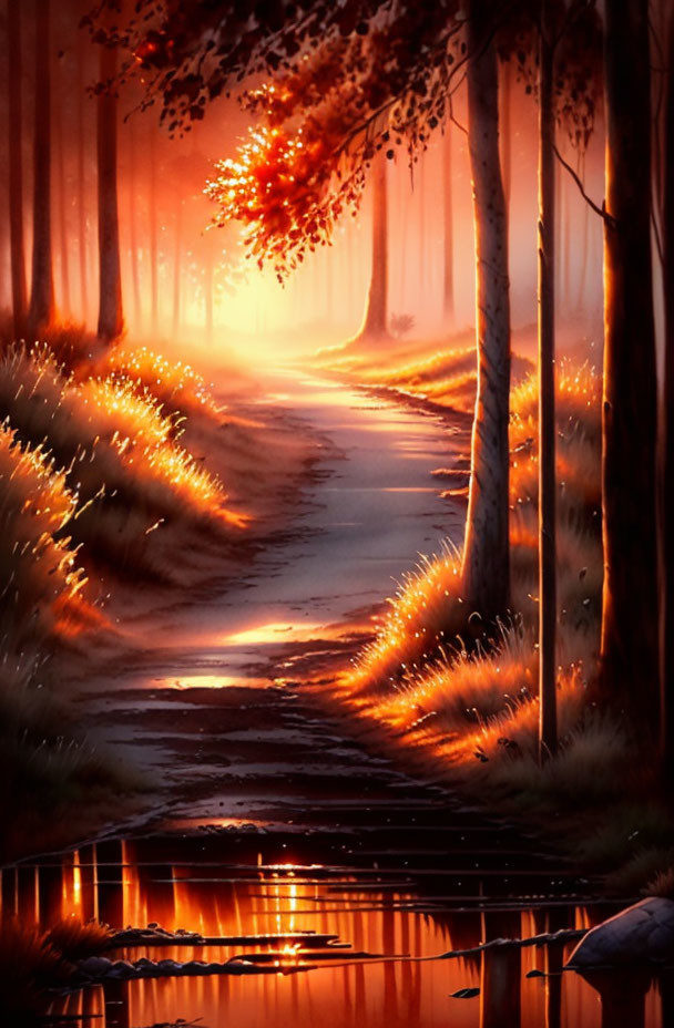 Twilight forest path with warm light and puddles