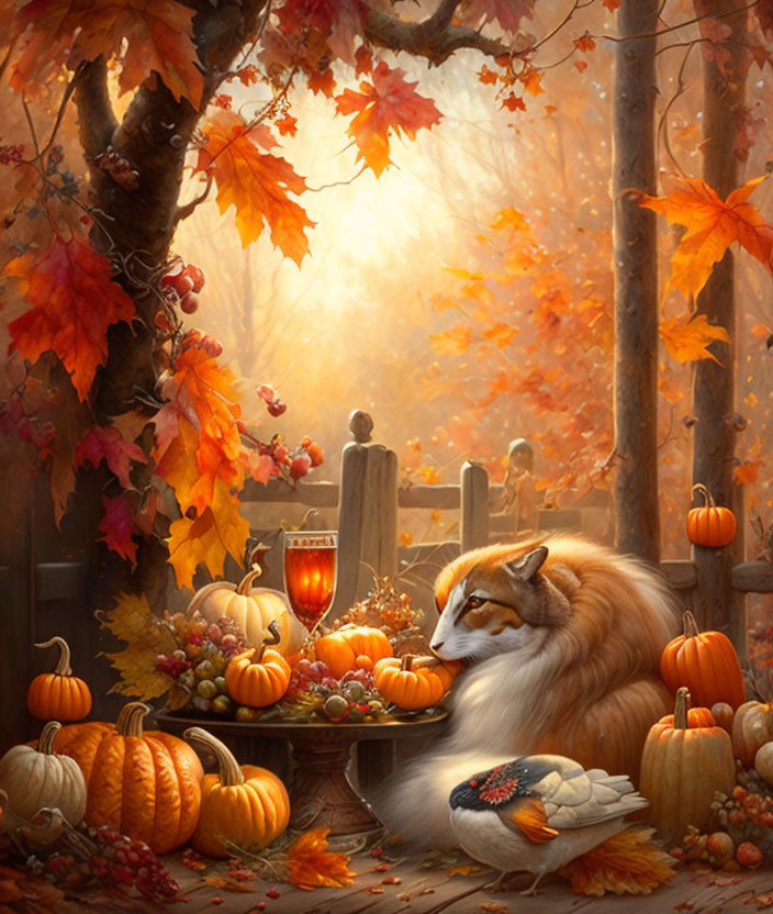 Fluffy corgi in autumn setting with pumpkins, cider, and falling leaves