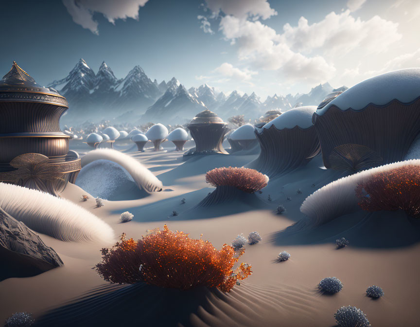 Surreal landscape with domed structures, orange foliage, snowy dunes, and majestic mountains under