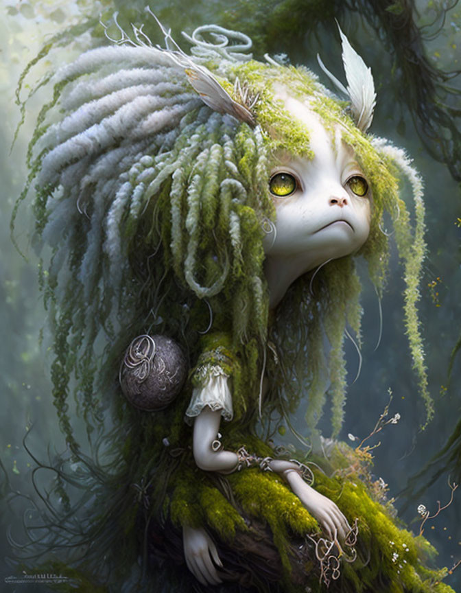 Mystical creature with white dreadlocks and mossy fur in misty forest