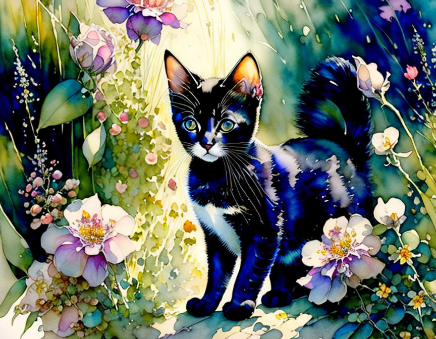 Colorful Watercolor Illustration of Black and White Kitten in Floral Setting