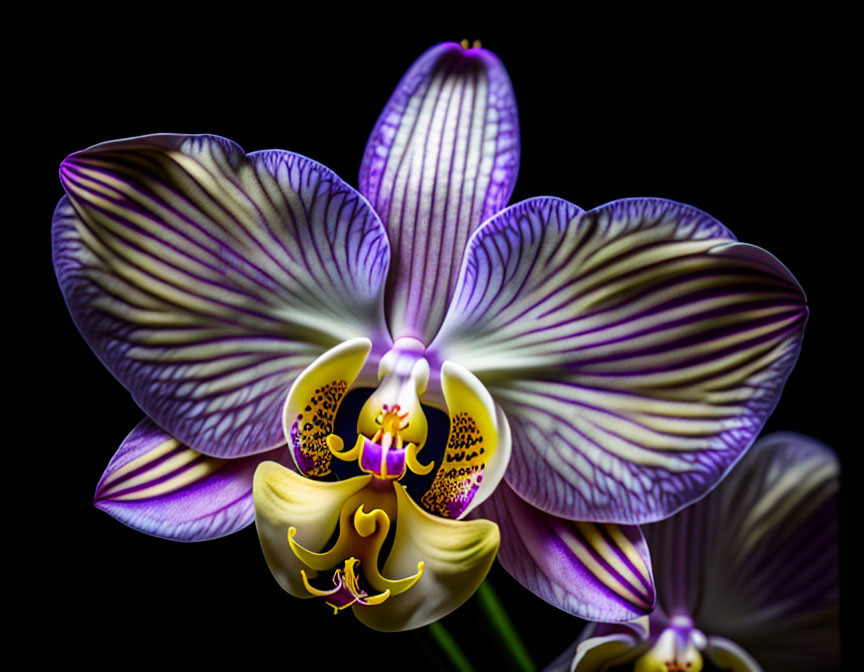 Vivid Purple-Striped Orchid with Yellow Center on Black Background