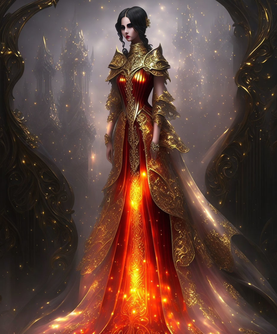 Regal female figure in red and gold gown with glowing aura in fantastical setting