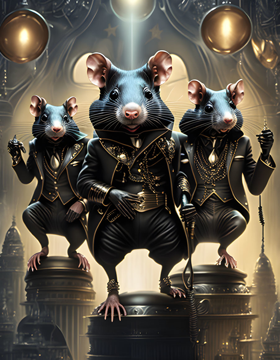 Regal anthropomorphic rats in ornate setting