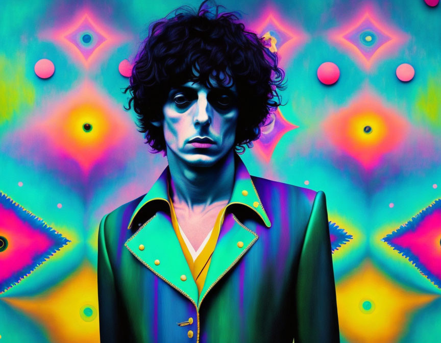 Curly-Haired Person in Colorful Suit Against Psychedelic Background