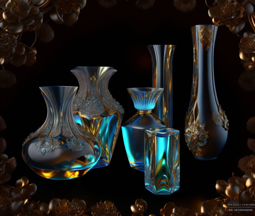 Five ornate glass vases with intricate designs on dark backdrop with golden floral motifs