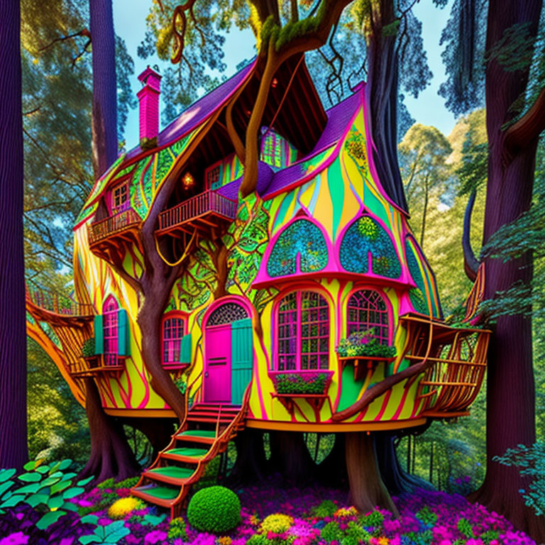 Vibrant illustrated treehouse in enchanted forest with purple flowers