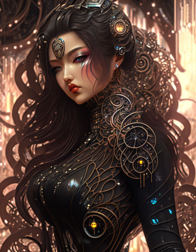 Female digital artwork with cybernetic enhancements on ornate brown background